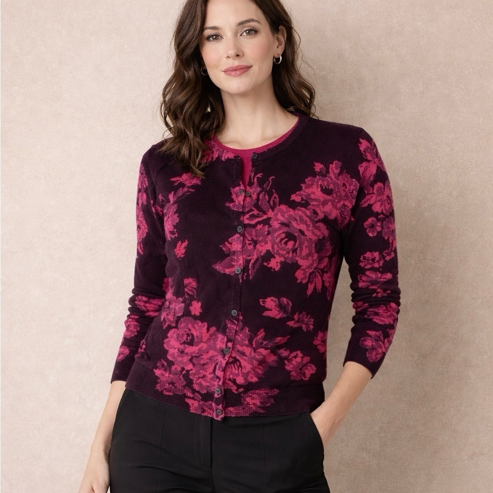 Croft & Barrow Floral Cardigan - Rich Purple and Pink